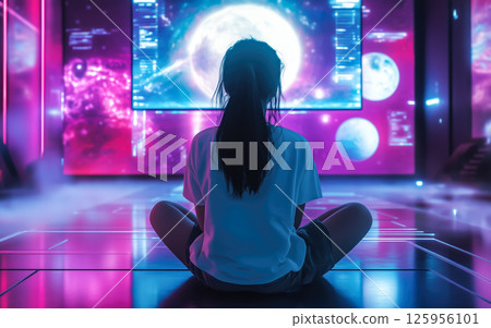 A woman sits in a room surrounded by futuristic technology. The concept of innovation, digital transformation, and human interaction with advanced technology. Generative AI. 125956101