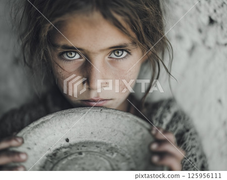 Portrait of a girl suffering from hunger and poverty holding an empty plate. Image material for social issues and international support 125956111