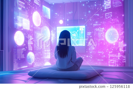 A woman sits in a room surrounded by futuristic technology. The concept of innovation, digital transformation, and human interaction with advanced technology. Generative AI. 125956118