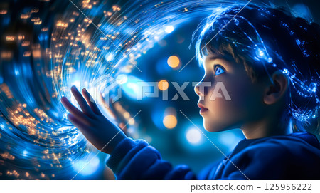A kid boy interacts with a neural network display. The concept of early learning, future technology, and the curiosity-driven exploration of AI. Generative AI. 125956222