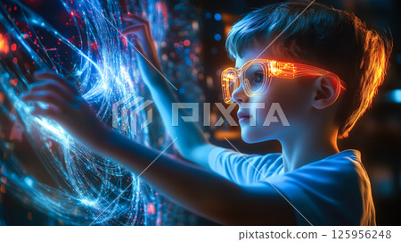 A kid boy interacts with a neural network display. The concept of early learning, future technology, and the curiosity-driven exploration of AI. Generative AI. 125956248