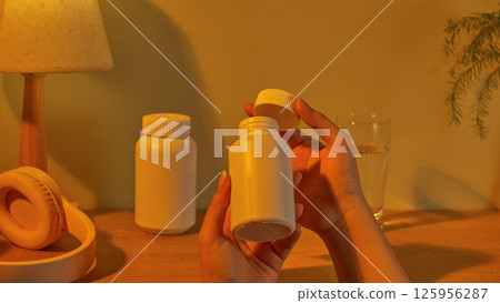 The act of opening the white bottle of dietary supplements to take medication. Dietary supplements are used to provide vitamins and nutrients, and should be taken in doses prescribed by a doctor. The act of opening the white bottle of dietary supplements to take medication. Dietary supplements are used to provide vitamins and nutrients, and should be taken in doses prescribed by a doctor. 125956287