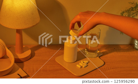 A hand is closing the medicine bottle after taking out the pills. Capsules are placed on a plate with a glass of water. A bedroom scene with a night light, headphones, pot plant and a bedside table. A hand is closing the medicine bottle after taking out the pills. Capsules are placed on a plate with a glass of water. A bedroom scene with a night light, headphones, pot plant and a bedside table. 125956290