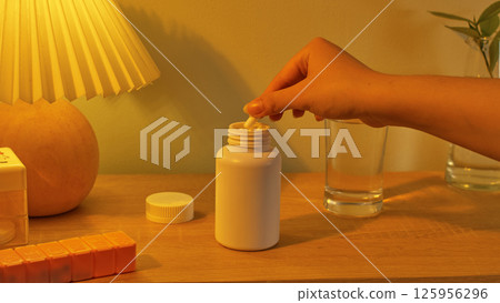 Yellow light from the night light on the bedside table. On the table was an open medicine bottle, a hand was taking a pill out of the bottle. The daily medicine box was prepared. Healthcare concept. Yellow light from the night light on the bedside table. On the table was an open medicine bottle, a hand was taking a pill out of the bottle. The daily medicine box was prepared. Healthcare concept. 125956296