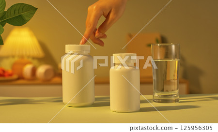 A finger is touching the cap of a medicine bottle. Composition of two unlabeled medicine bottles and a glass of water are arranged in a triangle. The shadows of the objects are cast on the table. 125956305