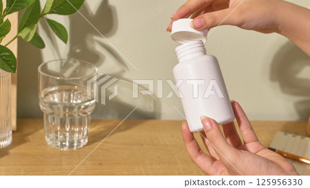One hand is holding the bottom of the medicine bottle, the other hand is removing the cap from the bottle. Under the table is a notebook and pencil used to write down information. Minimalist scene. 125956330