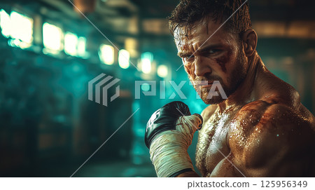 An extreme close-up photo of a professional fighter, capturing intense focus, determination, and raw strength. The concept of perseverance, discipline, and the spirit of combat sports. Generative AI. 125956349
