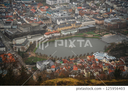 Floibanen funicular with panoramic view of Bergen 125956403