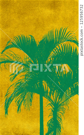 Rinpa-style silhouette art featuring realistic palm leaves painted in gold leaf Rinpa-style silhouette art featuring realistic palm leaves painted in gold leaf 125956732