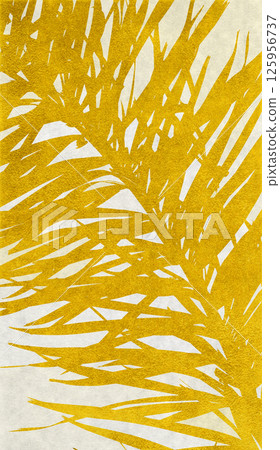 Japanese-style silhouette art featuring realistic palm leaves painted with gold leaf Japanese-style silhouette art featuring realistic palm leaves painted with gold leaf 125956737