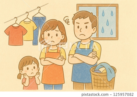 Family having trouble doing laundry in the rain 125957082