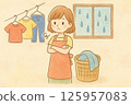 A woman having trouble doing laundry in the rain 125957083