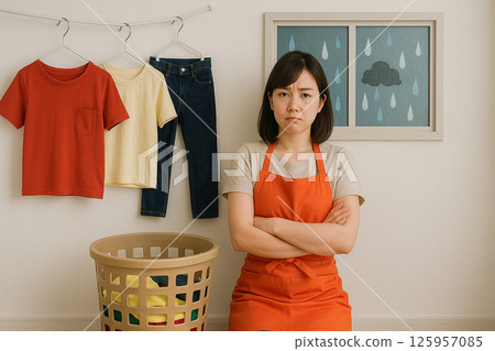 A woman having trouble doing laundry in the rain 125957085