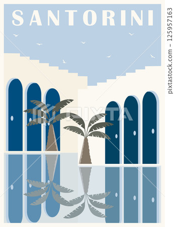 Greek town view flat color vector illustration. Summer holiday in Greece. Mediterranean European culture Greek town view flat color vector illustration. Summer holiday in Greece. Mediterranean European culture 125957163