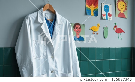 Pediatrician's white coat hanging in a child's clinic or hospital room Pediatrician's white coat hanging in a child's clinic or hospital room 125957346