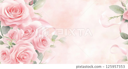 Delicate pink roses lining soft pastel background, intertwining with graceful ribbons, creating romantic and feminine visual composition 125957353