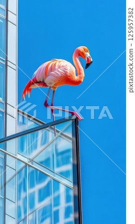 Flamingo perched on glass railing of urban penthouse against vivid blue sky 125957382