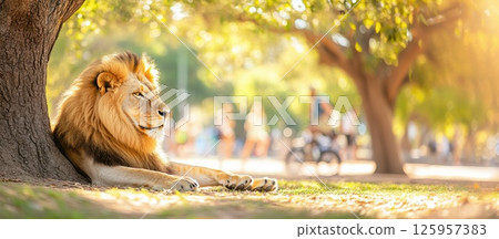 Majestic lion lounging peacefully in a city park with morning sunlight illuminating its mane 125957383
