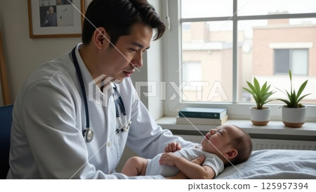 Pediatrician holding a newborn baby during checkup visit 125957394