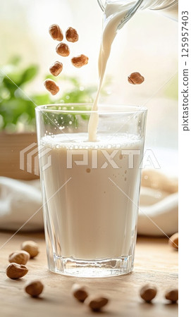 Homemade tiger nut milk poured into a glass with scattered nuts on a rustic wooden table 125957403