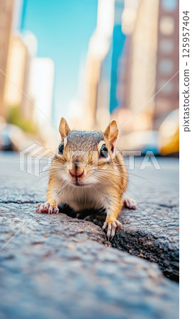 Curious chipmunk explores urban pavement in a bustling cityscape Curious chipmunk explores urban pavement in a bustling cityscape 125957404
