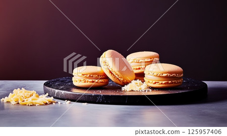 Delicious French Macaroons on a Dark Plate with Crumbled Almonds Showcasing a Sweet Treat for Dessert Lovers and Baking Enthusiasts Healthy Eating Concept 125957406