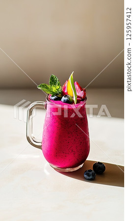 Thick blueberry yogurt smoothie garnished with fresh berries and mint leaves in clear glass Thick blueberry yogurt smoothie garnished with fresh berries and mint leaves in clear glass 125957412