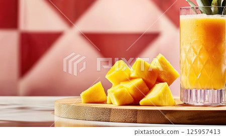 Freshly cubed mango and pineapple on wooden cutting board for smoothie preparation Freshly cubed mango and pineapple on wooden cutting board for smoothie preparation 125957413