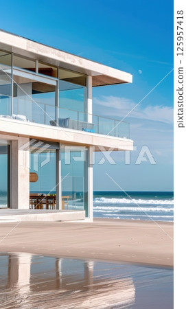 Luxury eco-friendly beach house with modern design and ocean views under bright daylight 125957418