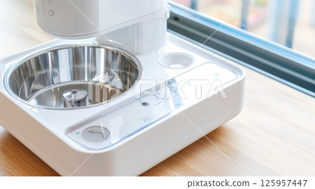 Modern smart pet feeder with digital display showcasing feeding schedule and portion size Modern smart pet feeder with digital display showcasing feeding schedule and portion size 125957447