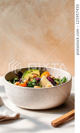 Gourmet keto salad with fresh greens, avocado, and toasted nuts served in a ceramic bowl 125957450
