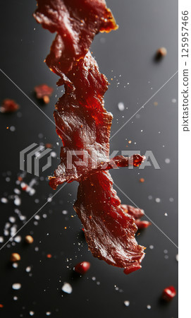 Beef jerky slice floating above dark backdrop, sprinkled with salt crystals, black peppercorns revealing savory texture and deep mahogany hue 125957466