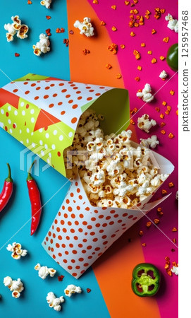 Vibrant background highlighting scattered chili flakes, chili popcorn overflowing from colorful containers, fresh chili peppers complementing snacking moment with spicy visual appeal 125957468