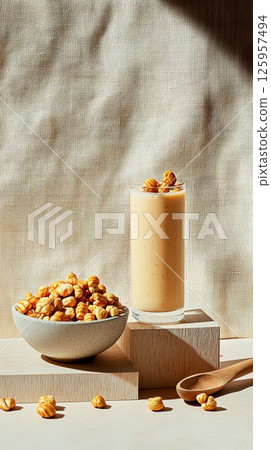 Crunchy tiger nuts and creamy homemade milk create a cozy rustic setting Crunchy tiger nuts and creamy homemade milk create a cozy rustic setting 125957494