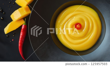 Creamy mango dessert nestled in black ceramic bowl, garnished with chili, fresh mango slices, balsamic droplets highlighting rich colors and textures Creamy mango dessert nestled in black ceramic bowl, garnished with chili, fresh mango slices, balsamic droplets highlighting rich colors and textures 125957503