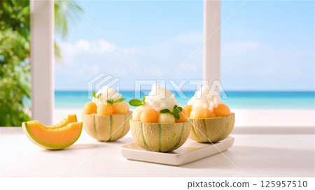 Melon shaved ice on a table by the window 125957510