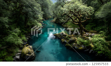 A clear stream flows through the forest 125957533