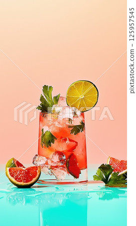 Stunning Mai Tai cocktail showcases vibrant layers and a futuristic glow in tropical setting Stunning Mai Tai cocktail showcases vibrant layers and a futuristic glow in tropical setting 125957545