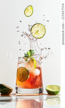 Splashing Mai Tai cocktail with vibrant lime and dynamic droplets against a white backdrop Splashing Mai Tai cocktail with vibrant lime and dynamic droplets against a white backdrop 125957554