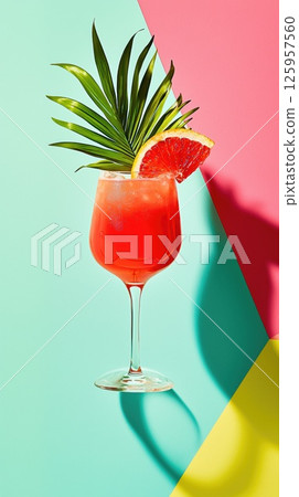 Layered Tropical Sunrise cocktail with vibrant colors against fun abstract background Layered Tropical Sunrise cocktail with vibrant colors against fun abstract background 125957560