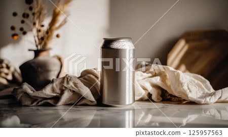 Super realistic aluminum energy drink can mockup on glossy surface with dynamic motion effects 125957563