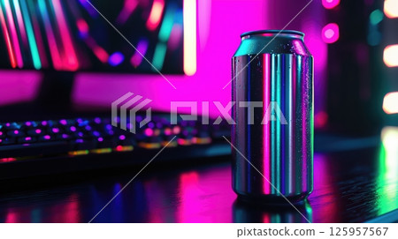 Silver energy drink can illuminated by neon lights on a gaming desk with RGB reflections Silver energy drink can illuminated by neon lights on a gaming desk with RGB reflections 125957567