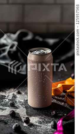 Silver energy drink can on dark gym floor with chalk and workout gear surrounding it 125957568