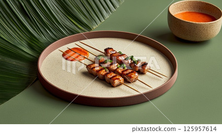 Ultra-realistic Malaysian satay skewers with dipping sauce served elegantly on a plate 125957614