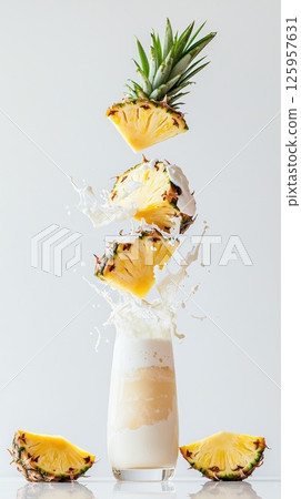 Super realistic representation of a pina colada cocktail with splashes of vibrant pineapple juice Super realistic representation of a pina colada cocktail with splashes of vibrant pineapple juice 125957631