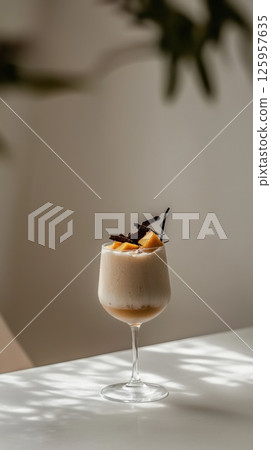 Ultra-realistic tropical cocktail featuring mango, coconut, and glossy texture with holographic glow Ultra-realistic tropical cocktail featuring mango, coconut, and glossy texture with holographic glow 125957635