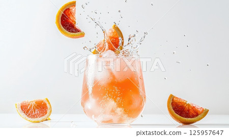 Mid-splash Mai Tai cocktail with vibrant orange slices and refreshing droplets in a luminous glow Mid-splash Mai Tai cocktail with vibrant orange slices and refreshing droplets in a luminous glow 125957647