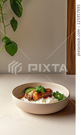 Delicious Ayam Percik with coconut sauce and jasmine rice served elegantly in a rustic setting 125957693