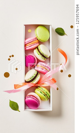 Colorful French Macaroons in Elegant Box with Ribbon and Decorative Elements for Celebratory Occasions and Sweet Treats Healthy Dessert Concept 125957694