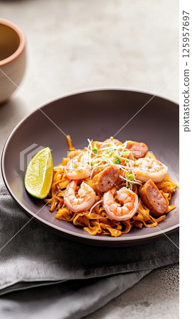 Delicious Char Kway Teow showcasing Malaysian flavors with shrimp and sausage Delicious Char Kway Teow showcasing Malaysian flavors with shrimp and sausage 125957697